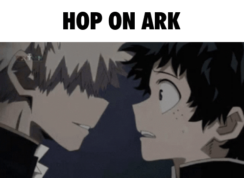 Two Anime Characters Looking At Each Other Hop On Ark GIF