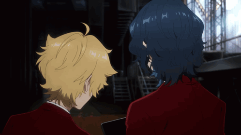 Two Anime Characters Looking At Each Other One With Book GIF