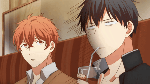 Two Anime Characters One With A Straw In His Mouth And The Other With His Eyes Closed GIF