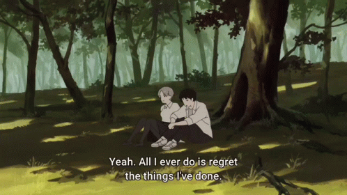 Two Anime Characters Sitting Under A Tree With One Saying " Yeah All I Ever Do Is Regret The Things I 'Ve Done GIF
