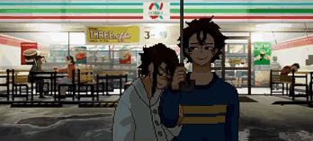 Two Anime Characters Standing In Front Of A 7 Eleven Store GIF