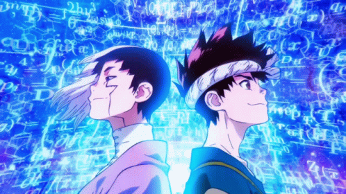 Two Anime Characters Standing in Front of Math Background