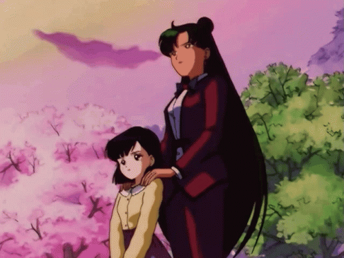 Two Anime Characters Standing in Front of Trees