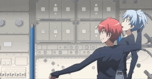 Two Anime Characters Standing Next To Each Other In Front Of A Wall GIF