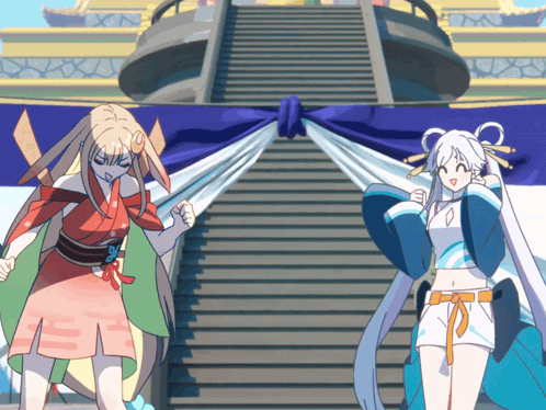 Two Anime Characters Standing Next to Each Other in Front of Staircase