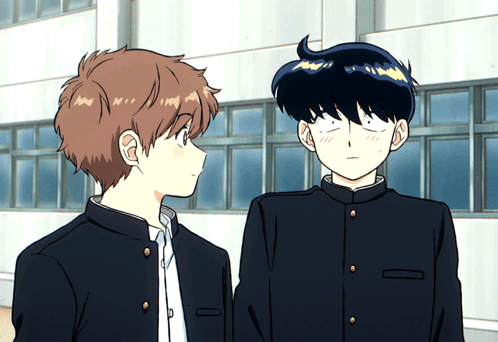 Two Anime Characters Standing Next To Each Other With One Making A Funny Face GIF