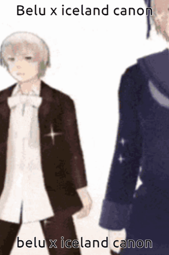 Two Anime Characters Standing Next To Each Other With The Caption " Beli X Iceland Canon " GIF