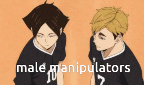 Two Anime Characters Standing Next To Each Other With The Words Male Manipulators Written Below Them GIF