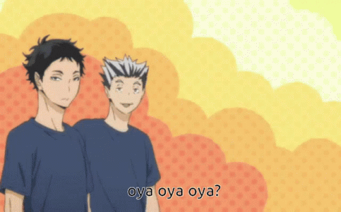 Two Anime Characters Standing Next To Each Other With The Words Oya Oya Oya GIF