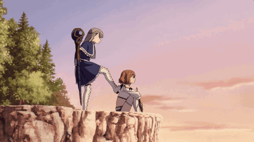 Two Anime Characters Standing On A Cliff One With A Cane GIF