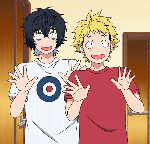 Two Anime Characters Standing Together One Wearing Target Shirt GIF