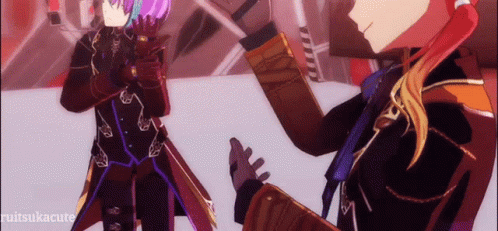 Two Anime Characters Standing with Purple and Red Hair