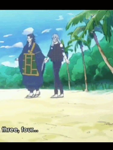 Two Anime Characters Walking on Beach Saying Three Four