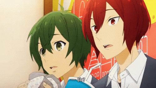 Two Anime Characters With Green Hair And Red Hair Are Standing Next To Each Other And One Of Them Is Saying Eh ? GIF