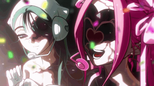 Two Anime Characters With Masks and Headphones Hearts