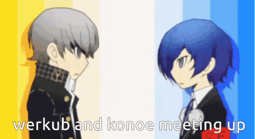 Two Anime Characters With Werkub And Konoe Meeting Up GIF