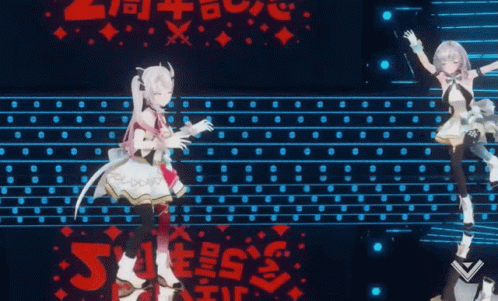 Two Anime Girls Are Dancing On A Stage In Front Of A Sign That Has The Number 3 On It GIF