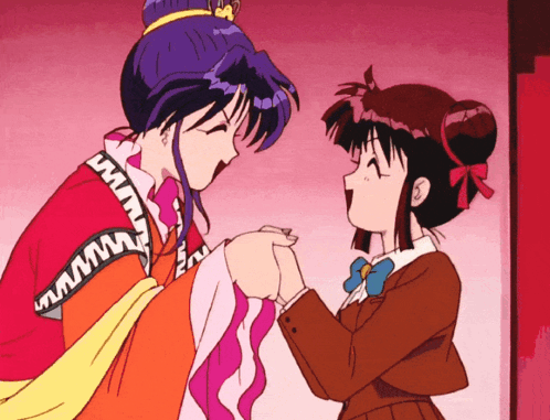 Two Anime Girls Are Holding Hands And One Has A Purple Hair And The Other Has Brown Hair GIF