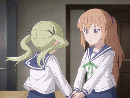 Two Anime Girls Are Holding Hands In A Room GIF