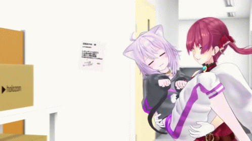 Two Anime Girls Are Hugging Each Other In Front Of A Box That Says Holozon GIF