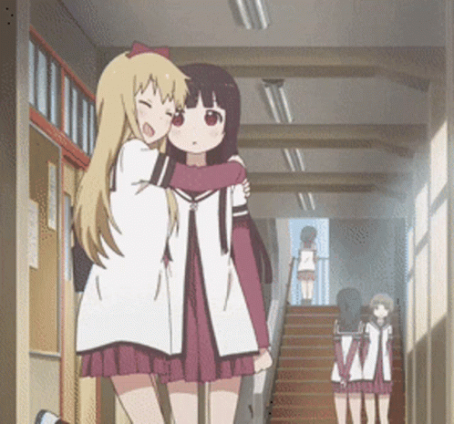 Two Anime Girls Are Hugging In A Hallway With Stairs In The Background GIF