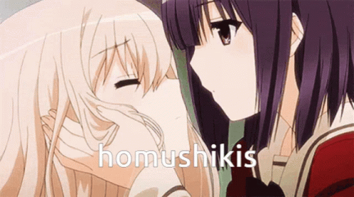 Two Anime Girls Are Kissing And The Word Homushikis Is On The Bottom Right GIF