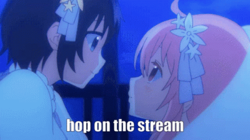 Two Anime Girls Are Kissing With The Words Hop On The Stream Below Them GIF