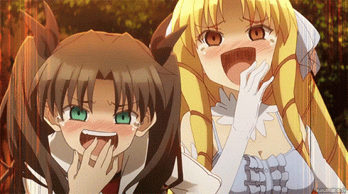 Two Anime Girls Are Laughing And One Is Covering Her Mouth With Her Hands GIF