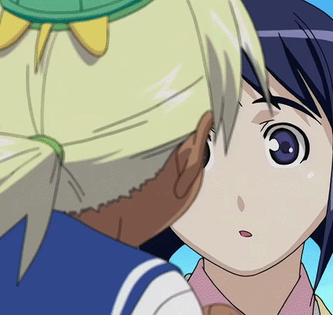 Two Anime Girls Are Looking At Each Other And One Has A Green Hat On Her Head GIF