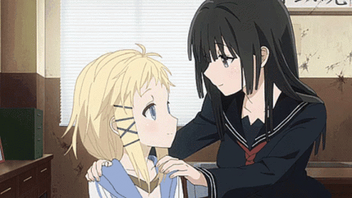 Two Anime Girls Are Looking At Each Other In A Room With Chinese Writing On The Wall Behind Them GIF