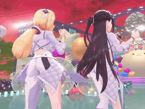 Two Anime Girls Are Singing In Front Of A Roller Coaster With A Sign That Says Uva Coco GIF