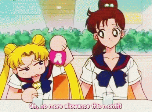 Anime Girls Sitting At Table, One Saying Oh No More Allowance GIF