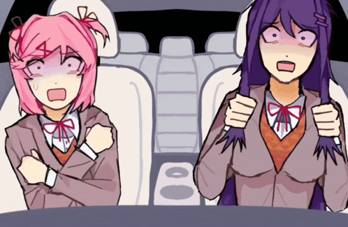 Two Anime Girls Are Sitting In A Car With Their Arms Crossed And One Has Purple Hair GIF