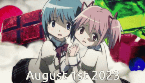 Two Anime Girls Are Sitting Next To Each Other With The Date August 1St 2023 On The Bottom GIF