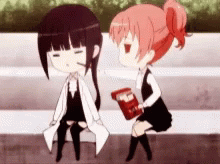 Two Anime Girls Are Sitting On A Bench And One Is Holding A Box Of Candy GIF