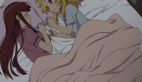 Two Anime Girls Are Sleeping On A Bed With Pink Pillows GIF