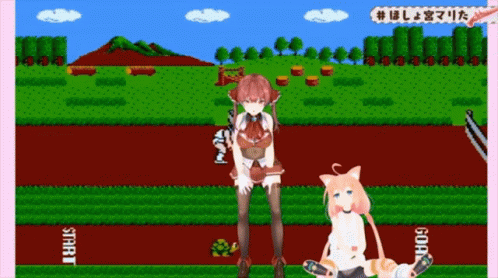 Two Anime Girls Are Standing In A Video Game With The Words Start And Goal On The Bottom GIF