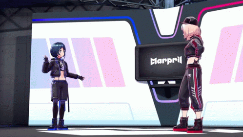 Two Anime Girls Are Standing In Front Of A Large Screen That Says Marpril GIF