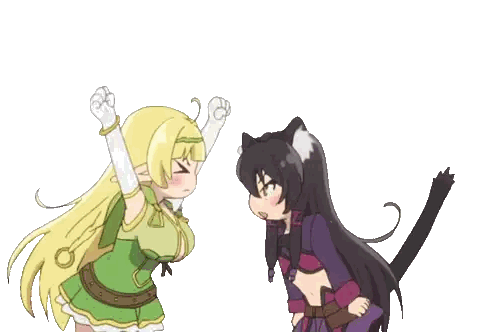 two anime girls are standing next to each other and one has her arms in the air