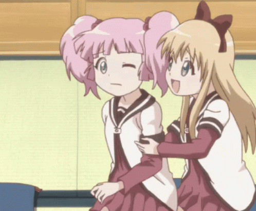 Two Anime Girls Are Standing Next To Each Other And One Has The Letter S On Her Shirt GIF
