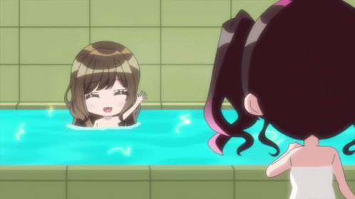 Two Anime Girls Are Standing Next To Each Other In A Bath Tub GIF