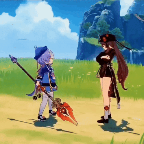 Two Anime Girls Are Standing Next To Each Other In A Field . GIF