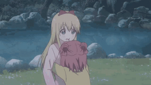 Two Anime Girls Are Standing Next To Each Other In A Field With Rocks In The Background GIF