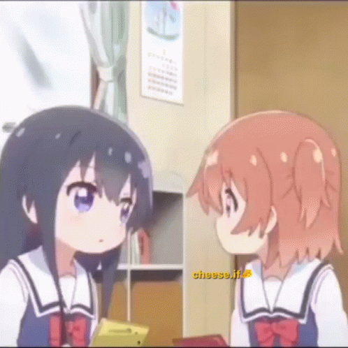 Two Anime Girls Are Standing Next To Each Other In A Room And Talking . GIF