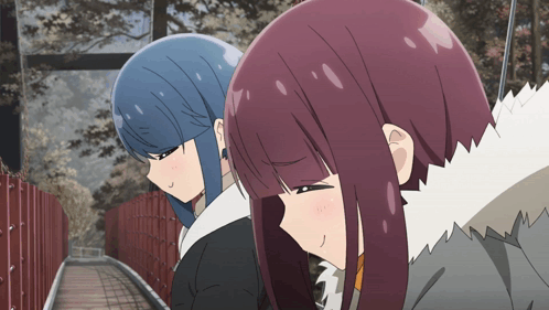 Two Anime Girls Are Standing Next To Each Other Looking Down GIF
