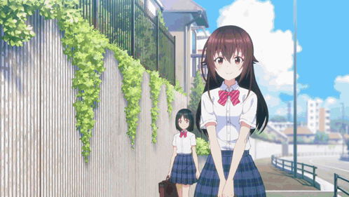 Two Anime Girls Are Standing Next To Each Other On The Sidewalk GIF