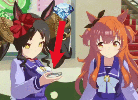 Two Anime Girls Are Standing Next To Each Other With An Arrow Pointing To A Diamond In The Background GIF