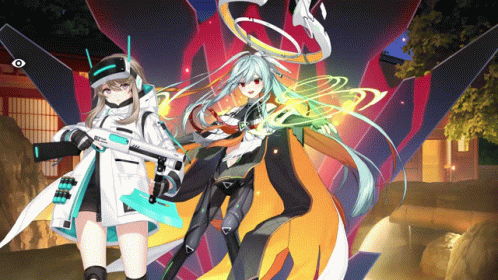 Two Anime Girls Are Standing Next To Each Other With One Holding A Gun And The Other Holding A Ring GIF
