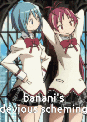 Two Anime Girls Are Standing Next To Each Other With The Words " Banani 'S Devious Scheming " On The Bottom GIF