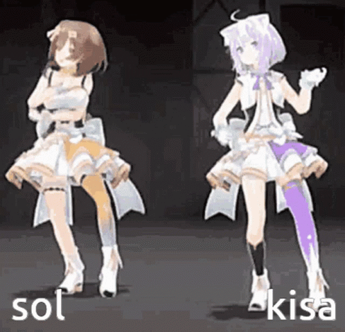Two Anime Girls Dancing on Stage One With Purple Hair